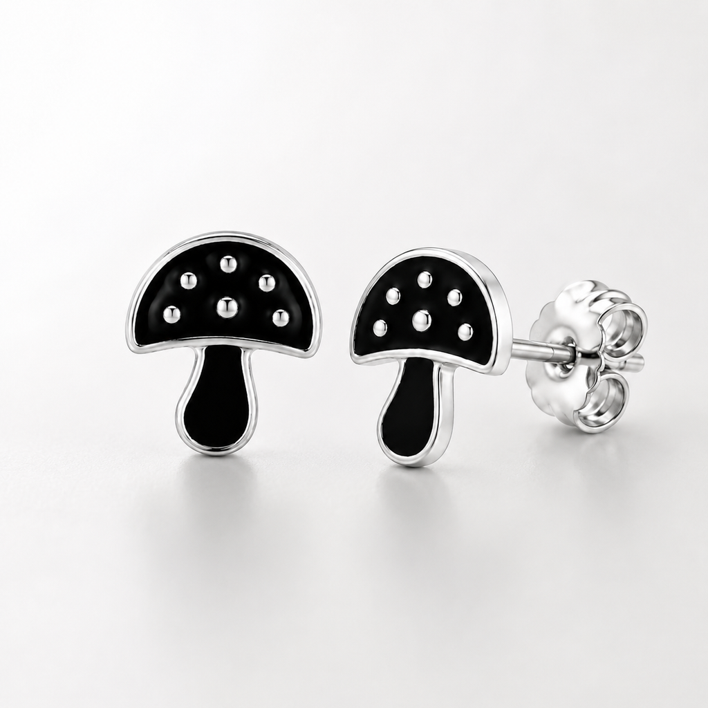 Black Mushroom Stud Earrings with Silver Detailing