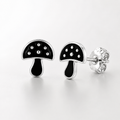 Black Mushroom Stud Earrings with Silver Detailing