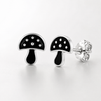 Black Mushroom Stud Earrings with Silver Detailing