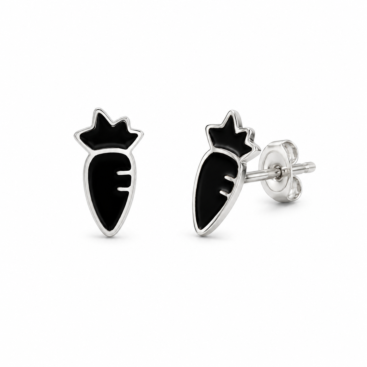 Black Pineapple Stud Earrings with Silver Detailing