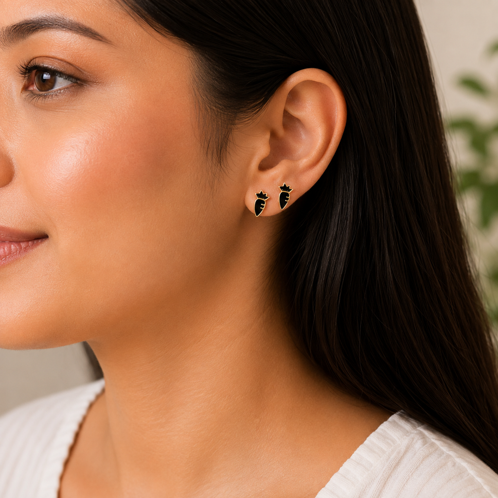 Black Pineapple Stud Earrings with Silver Detailing