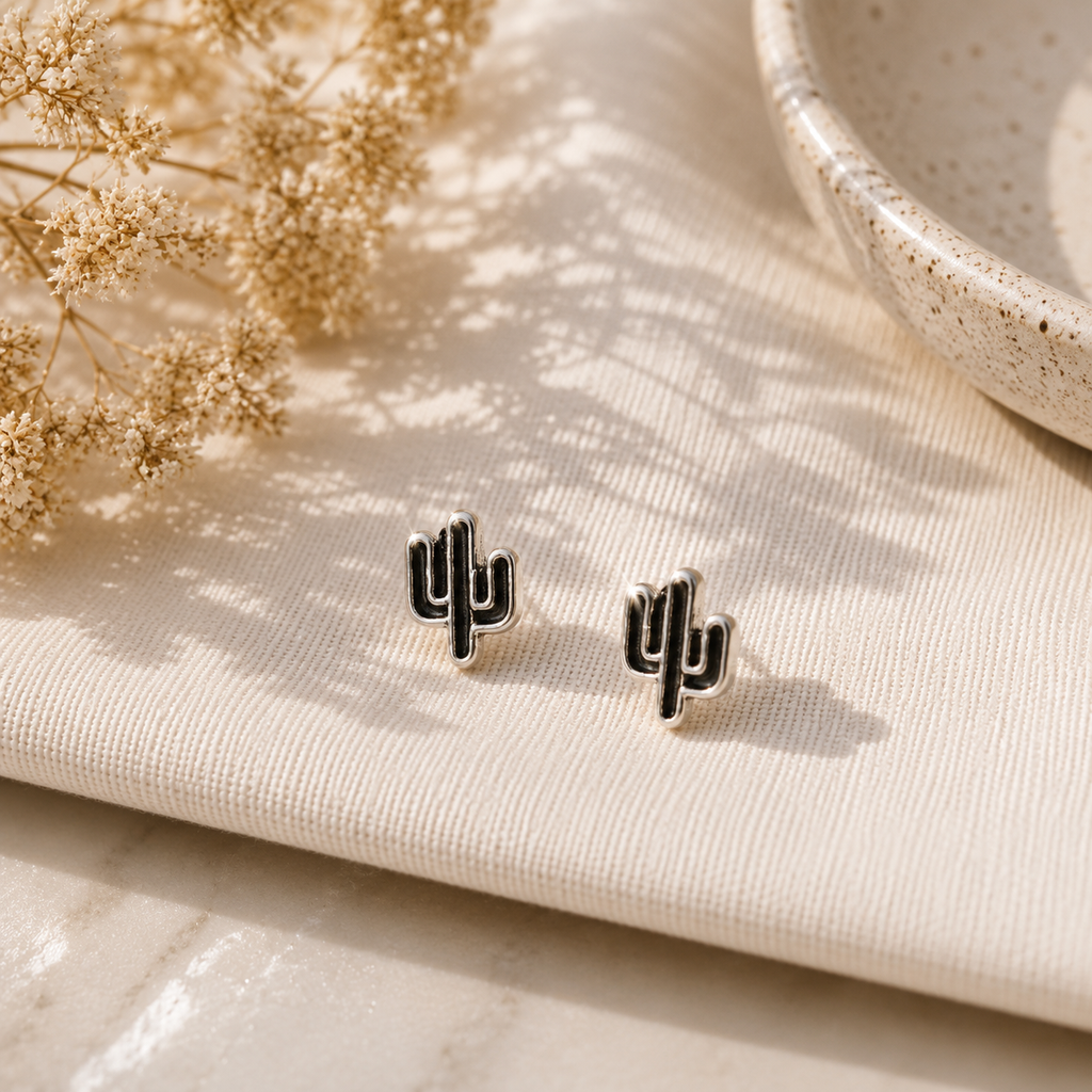Black Cactus Stud Earrings with Silver Detailing
