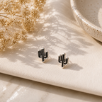 Black Cactus Stud Earrings with Silver Detailing