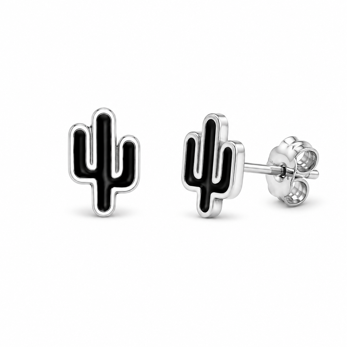 Black Cactus Stud Earrings with Silver Detailing
