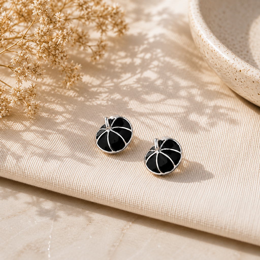 Black Pumpkin Stud Earrings with Silver Detailing