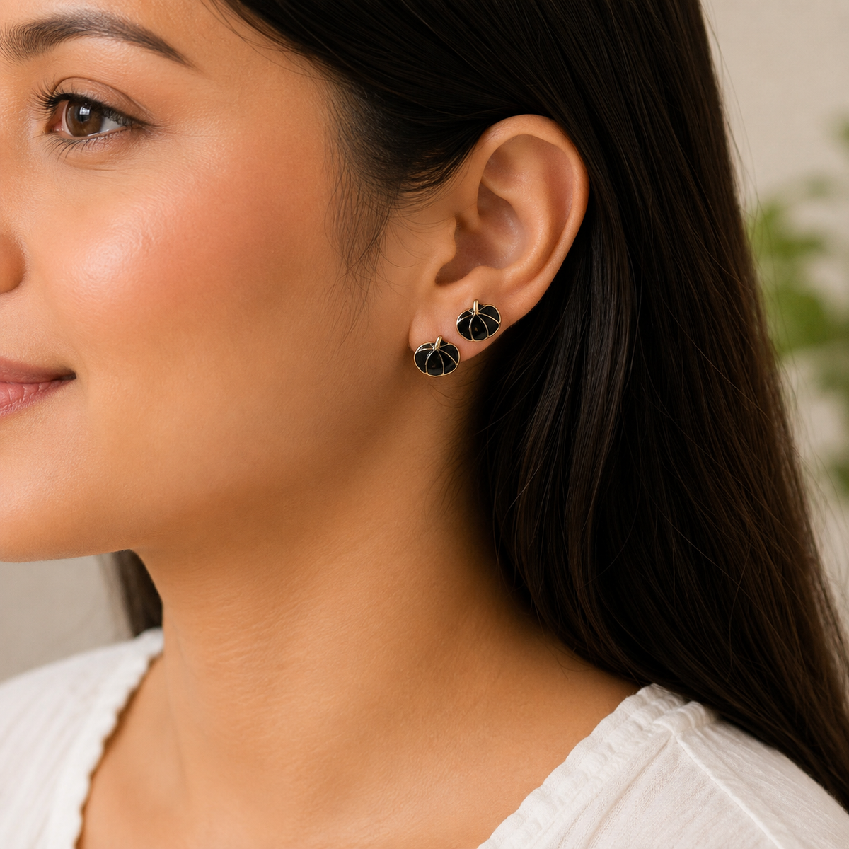 Black Pumpkin Stud Earrings with Silver Detailing