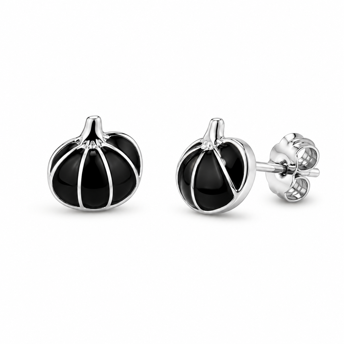 Black Pumpkin Stud Earrings with Silver Detailing
