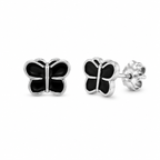 Black Butterfly Stud Earrings with Silver Detailing