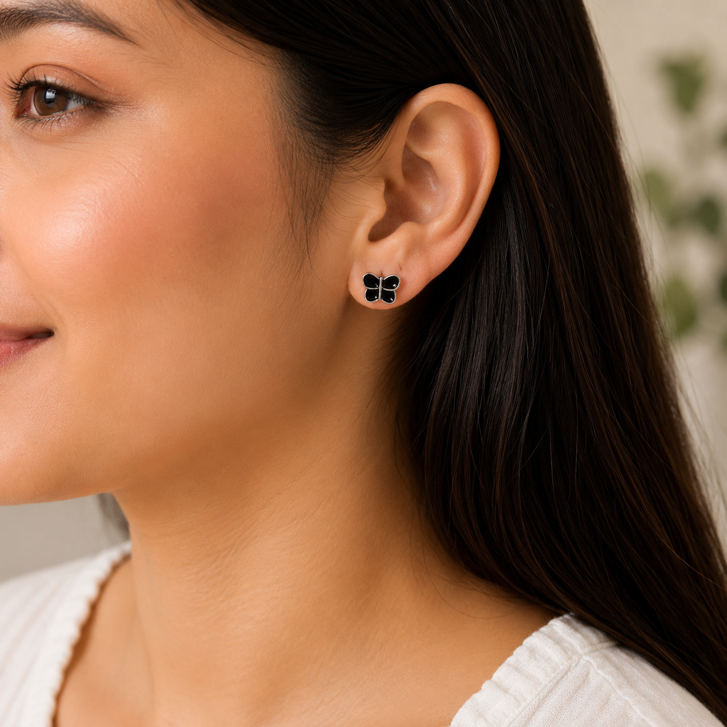 Black Butterfly Stud Earrings with Silver Detailing