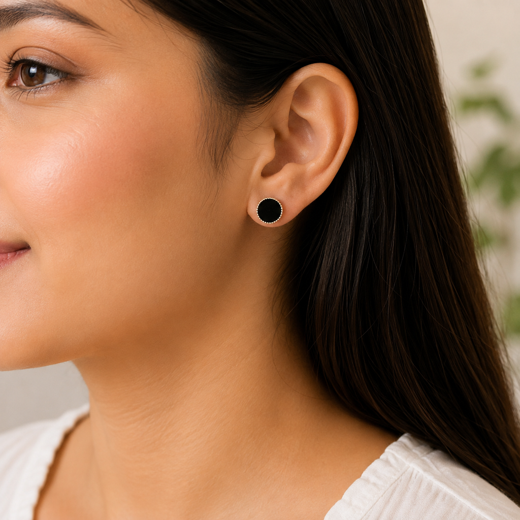 Black Round Stud Earrings with Silver Border