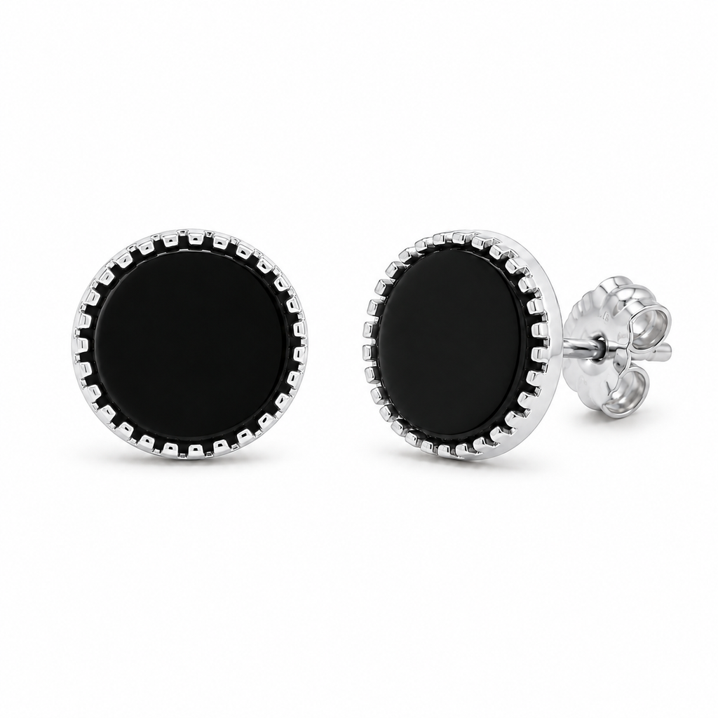 Black Round Stud Earrings with Silver Border