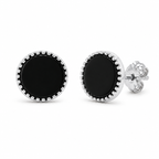 Black Round Stud Earrings with Silver Border