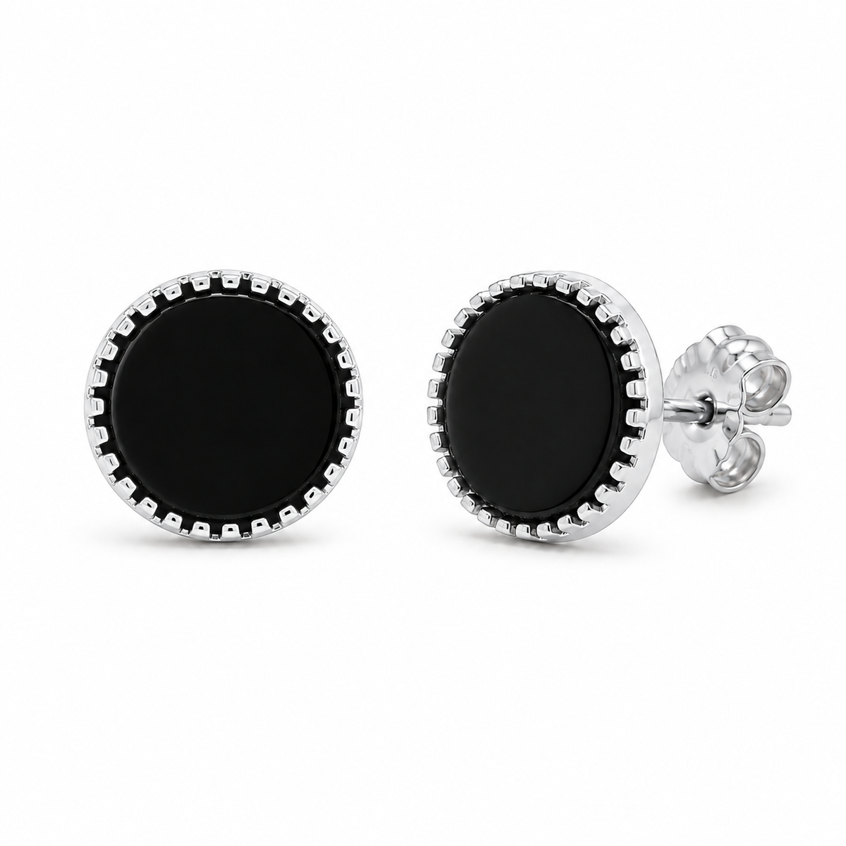 Black Round Stud Earrings with Silver Border