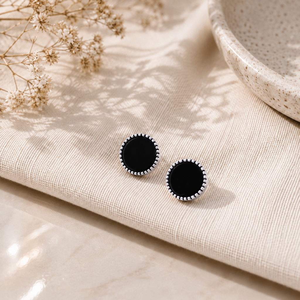 Black Round Stud Earrings with Silver Border