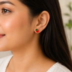 Red Strawberry Stud Earrings with Green Leaf Detailing