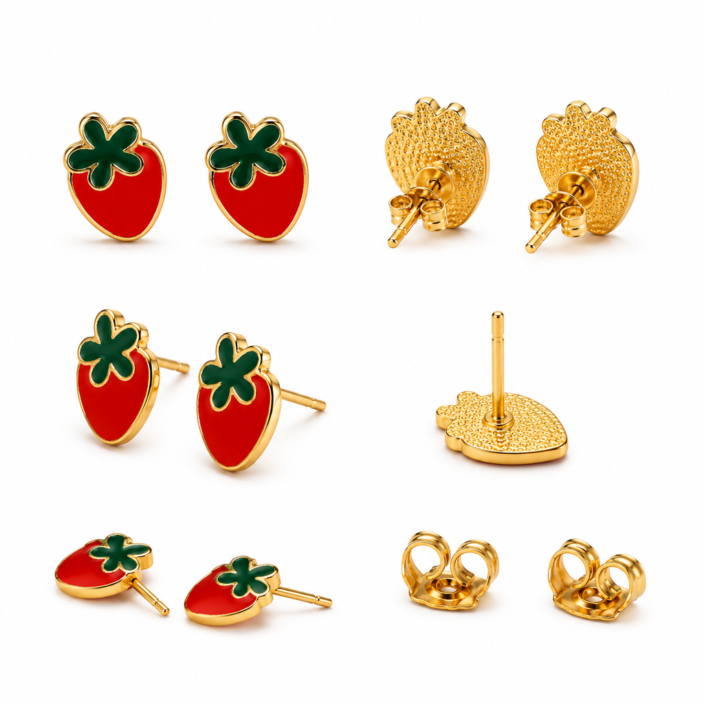 Red Strawberry Stud Earrings with Green Leaf Detailing