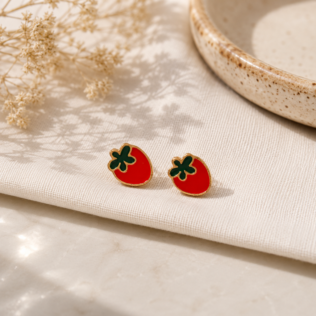 Red Strawberry Stud Earrings with Green Leaf Detailing