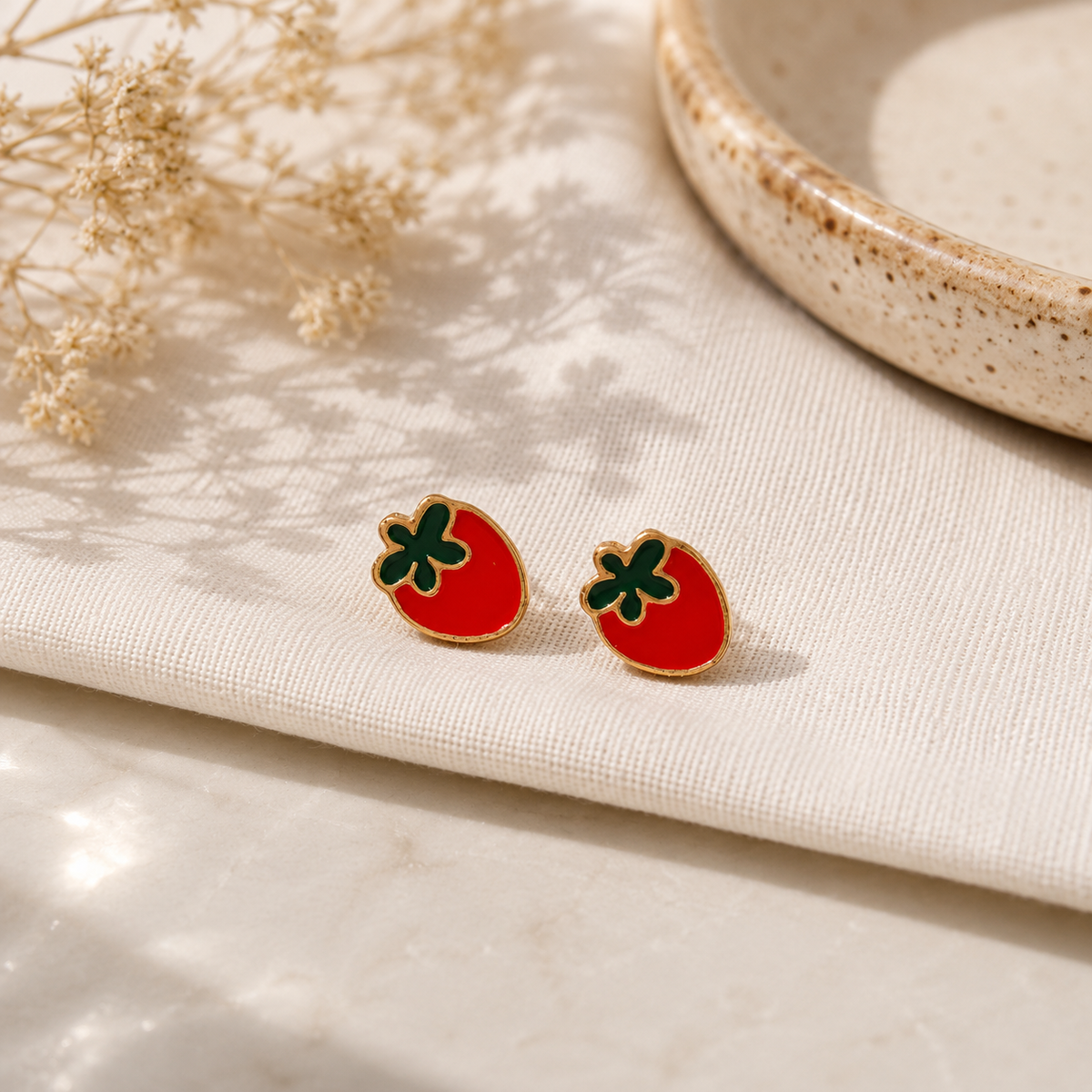 Red Strawberry Stud Earrings with Green Leaf Detailing