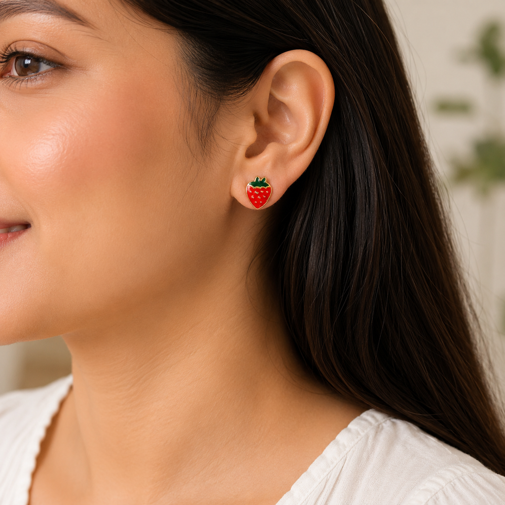 Red Strawberry Stud Earrings with Crystal Detailing