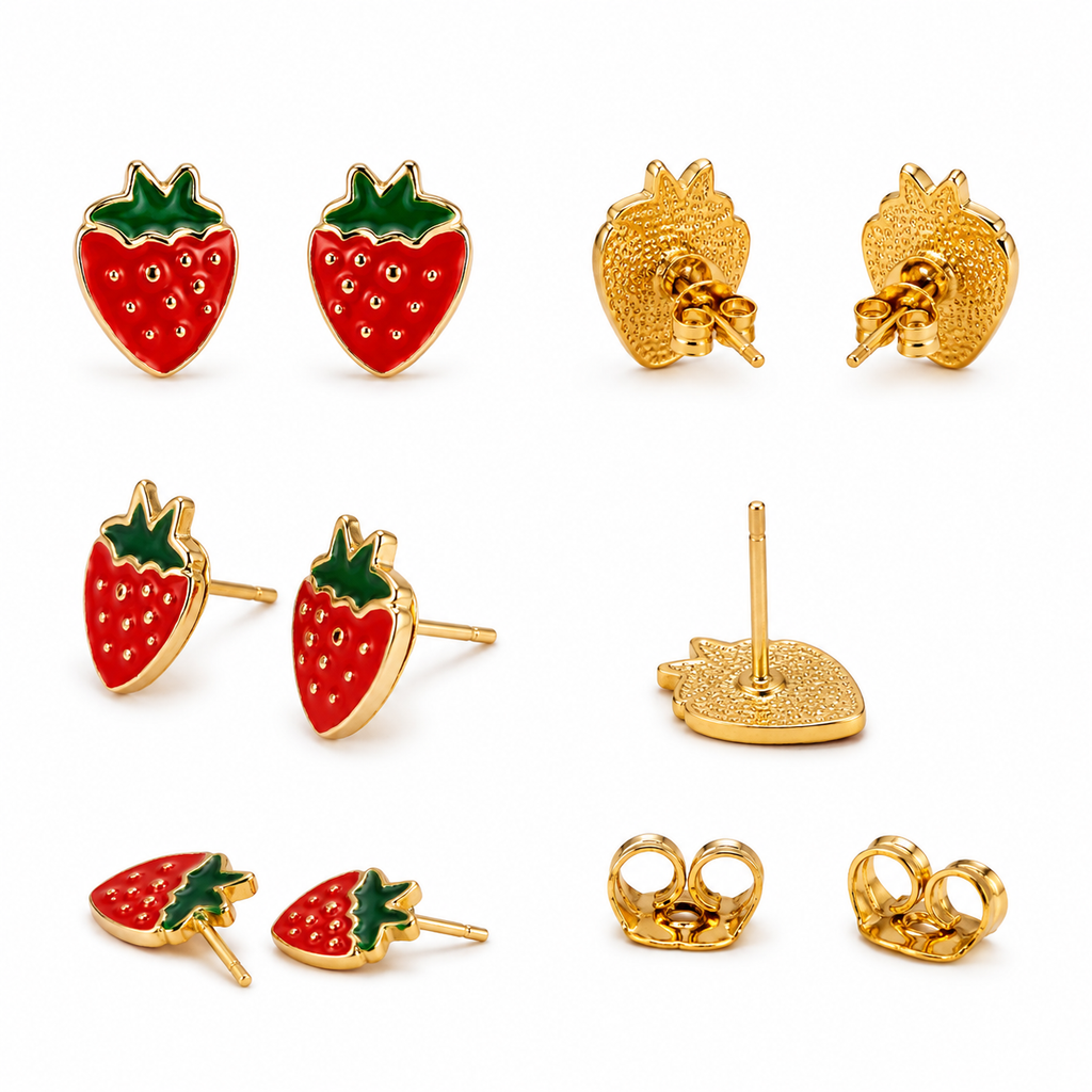 Red Strawberry Stud Earrings with Crystal Detailing