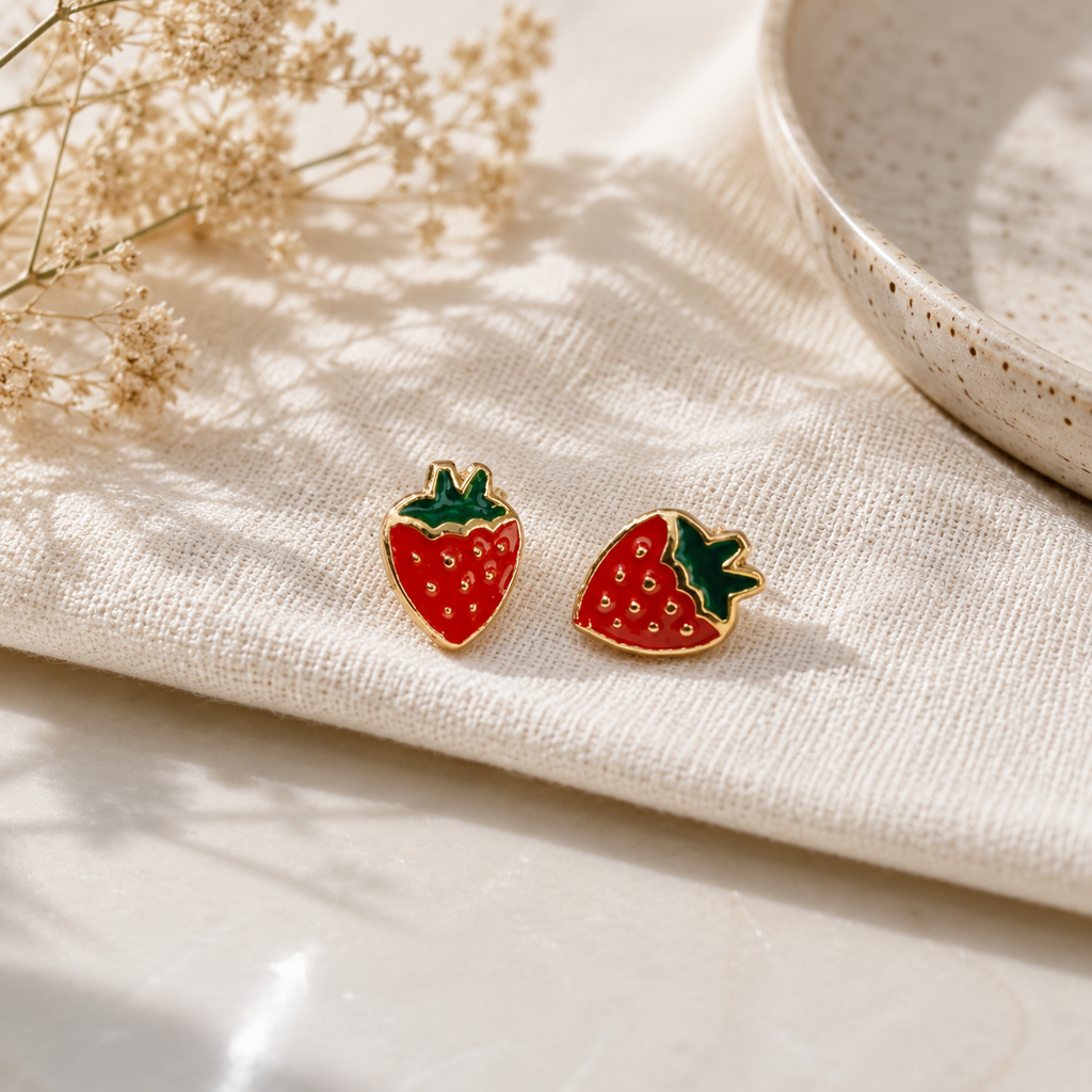 Red Strawberry Stud Earrings with Crystal Detailing