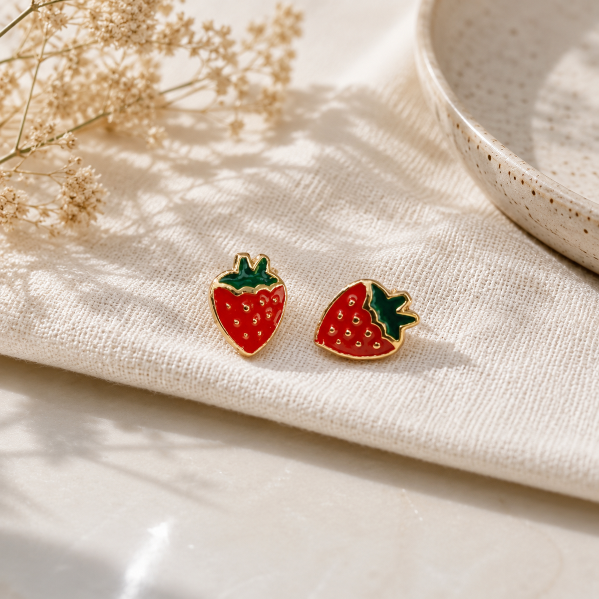 Red Strawberry Stud Earrings with Crystal Detailing