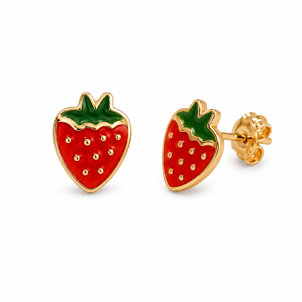 Red Strawberry Stud Earrings with Crystal Detailing