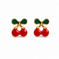 Red Cherry Stud Earrings with Green Leaf Detailing