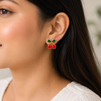 Red Cherry Stud Earrings with Green Leaf Detailing
