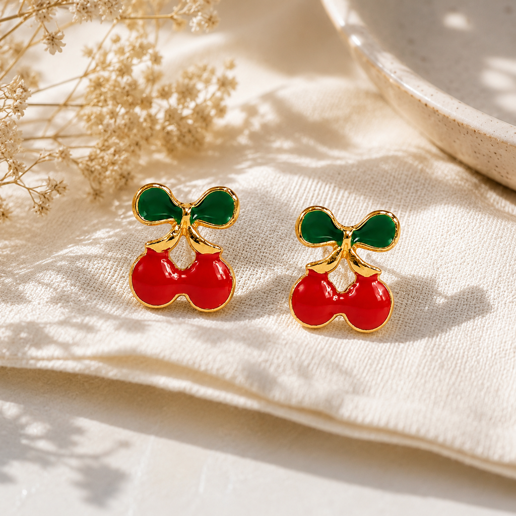 Red Cherry Stud Earrings with Green Leaf Detailing