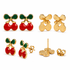 Red Cherry Stud Earrings with Green Leaf Detailing