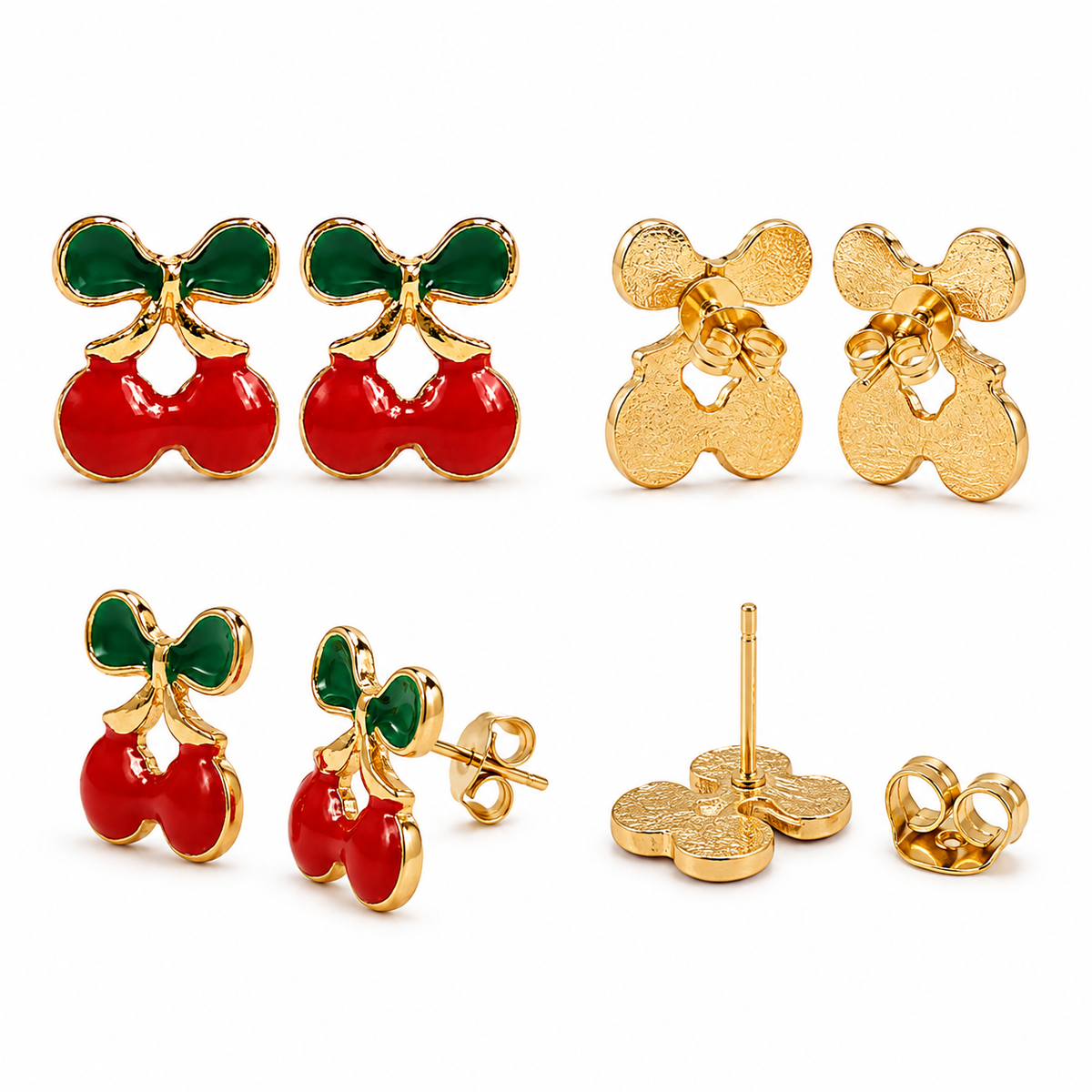 Red Cherry Stud Earrings with Green Leaf Detailing