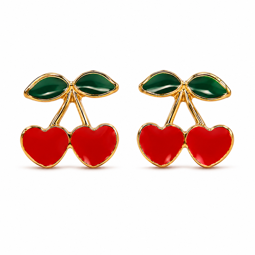 Red Cherry Drop Earrings with Green Leaf Detailing