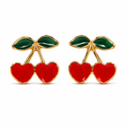 Red Cherry Drop Earrings with Green Leaf Detailing