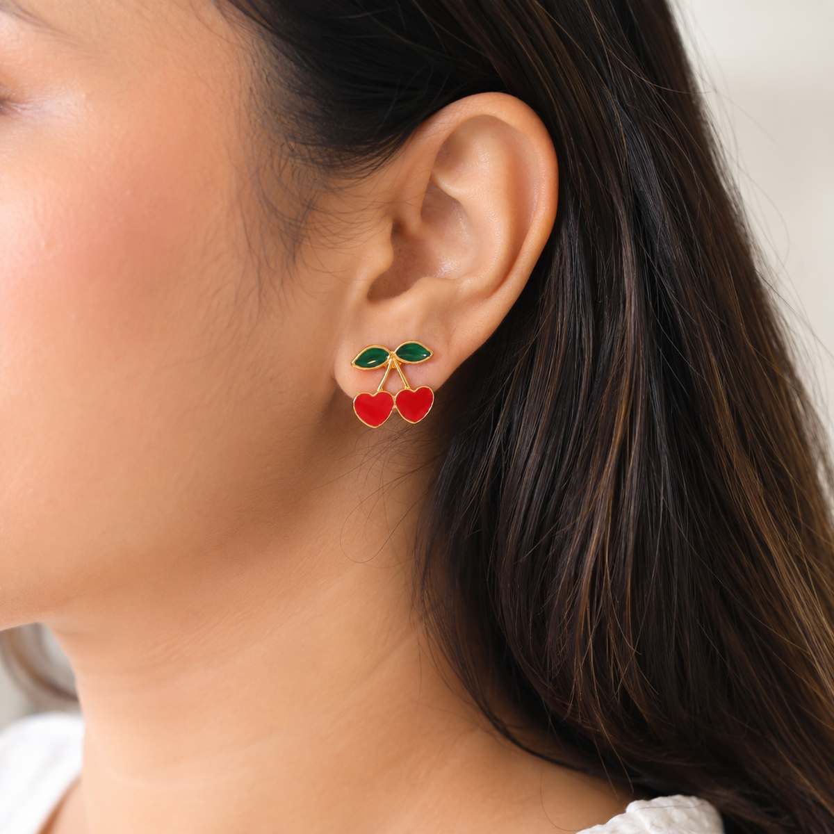 Red Cherry Drop Earrings with Green Leaf Detailing