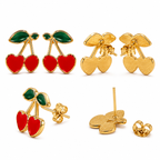 Red Cherry Drop Earrings with Green Leaf Detailing
