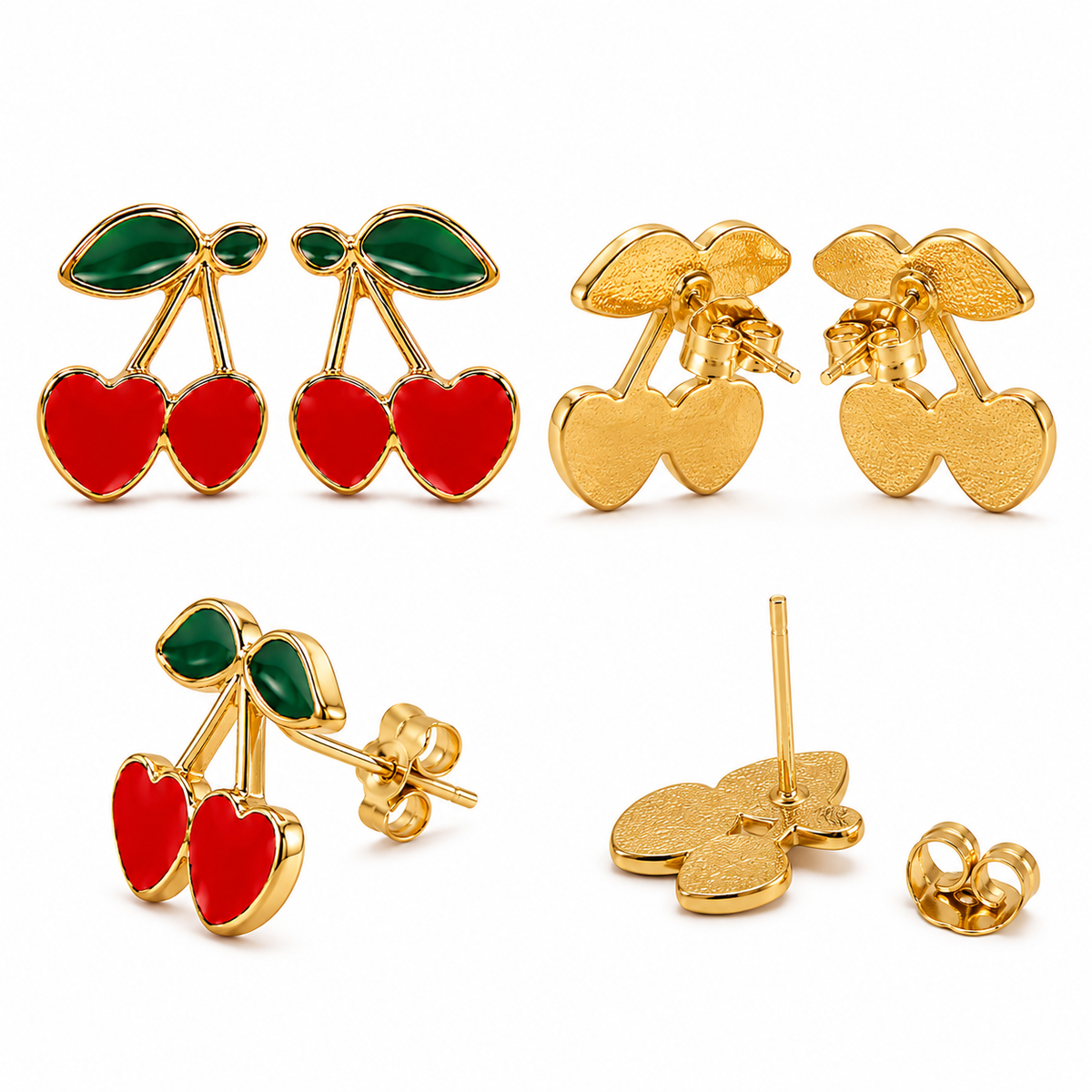 Red Cherry Drop Earrings with Green Leaf Detailing