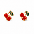 Red Cherry Stud Earrings with Green Leaf Detailing
