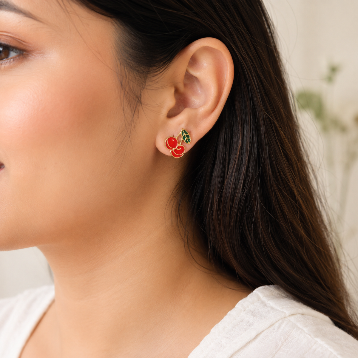Red Cherry Stud Earrings with Green Leaf Detailing