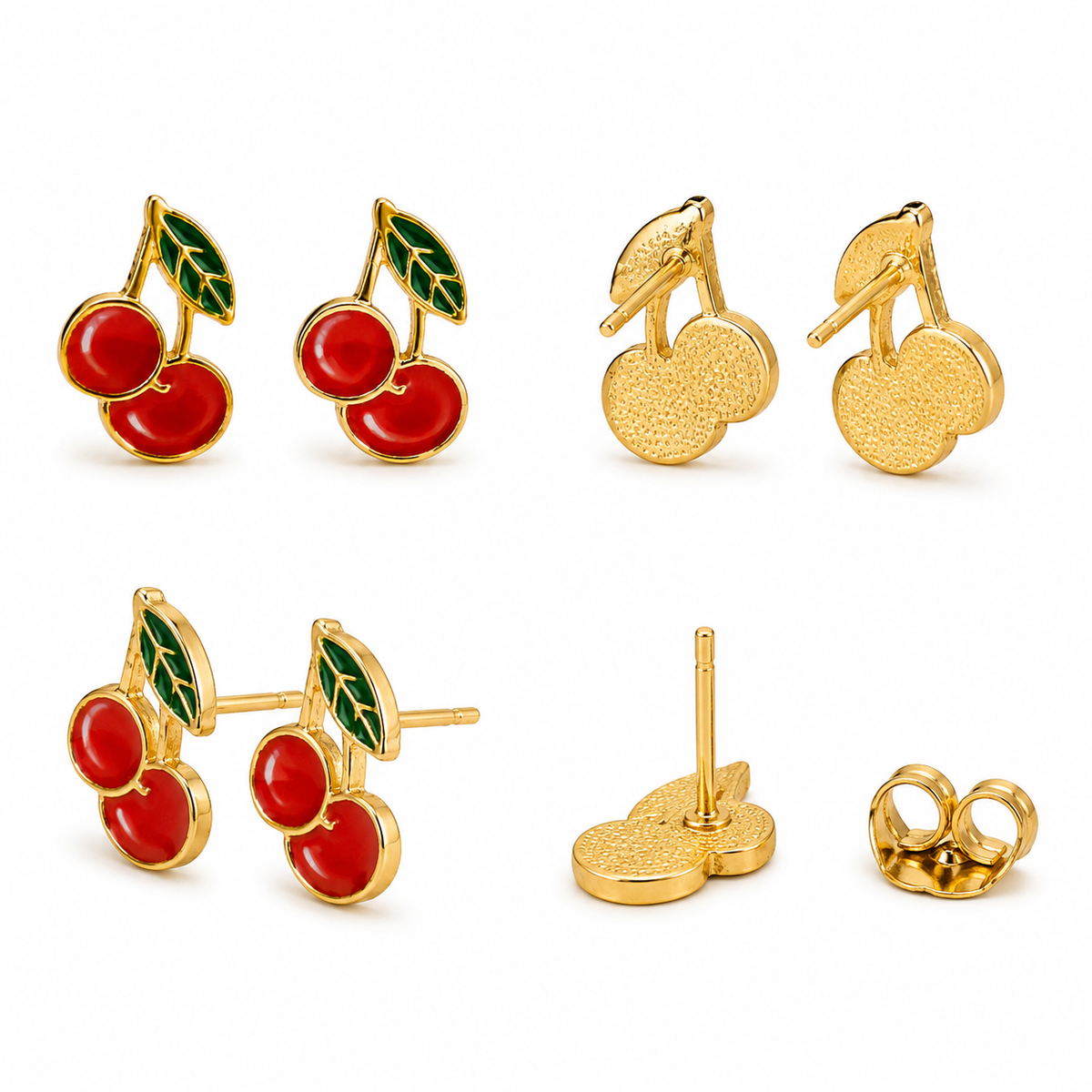 Red Cherry Stud Earrings with Green Leaf Detailing
