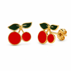 Red Cherry Stud Earrings with Green Leaf Detailing