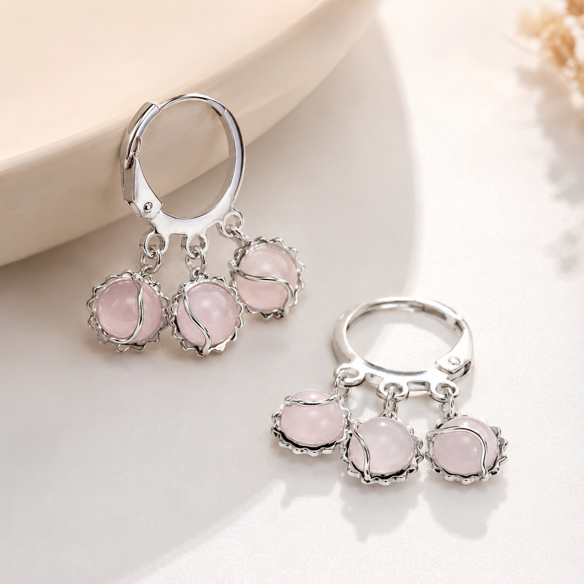 Silver Plated Pink Stone Floral Hoop Earrings