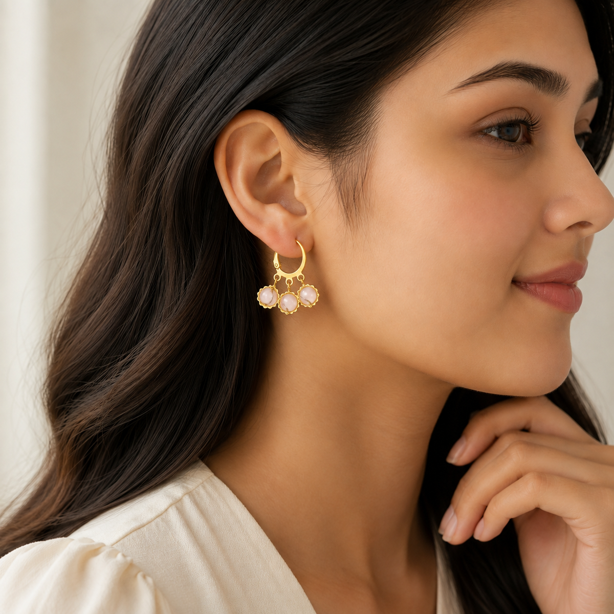 Gold Plated Pink Stone Floral Hoop Earrings