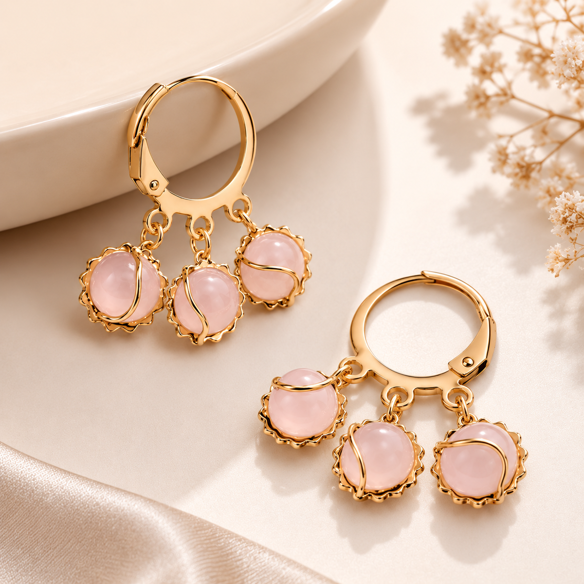 Gold Plated Pink Stone Floral Hoop Earrings