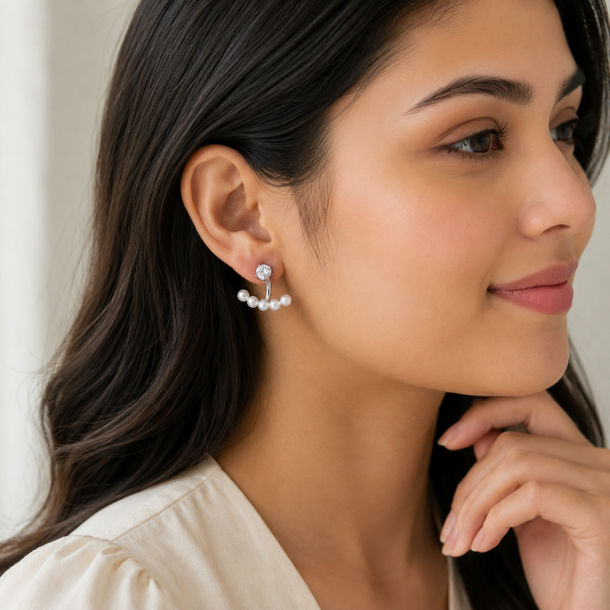 Silver Plated Crystal Pearl Ear Jacket Earrings