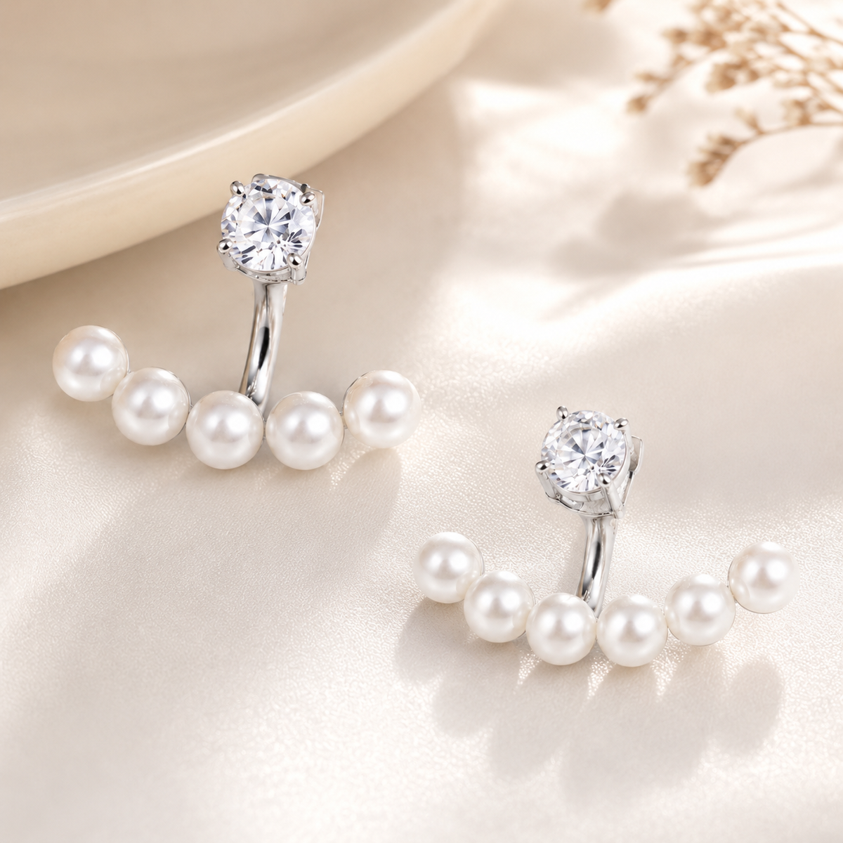 Silver Plated Crystal Pearl Ear Jacket Earrings