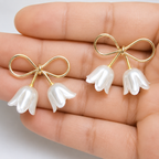Gold Bow Floral Drop Earrings with White Petal Charms