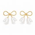 Gold Bow Floral Drop Earrings with White Petal Charms