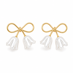 Gold Bow Floral Drop Earrings with White Petal Charms