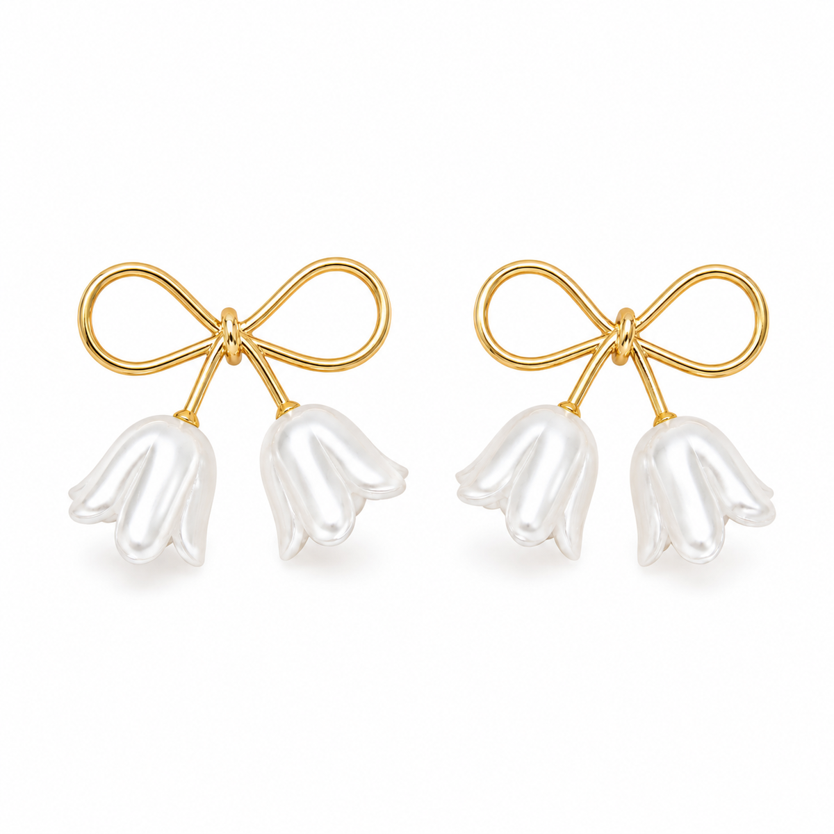 Gold Bow Floral Drop Earrings with White Petal Charms